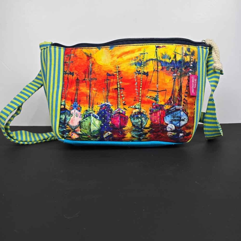 Leoma Lovegrove Nautical Art Crossbody Bag Blue Green Stripe Canvas Purse